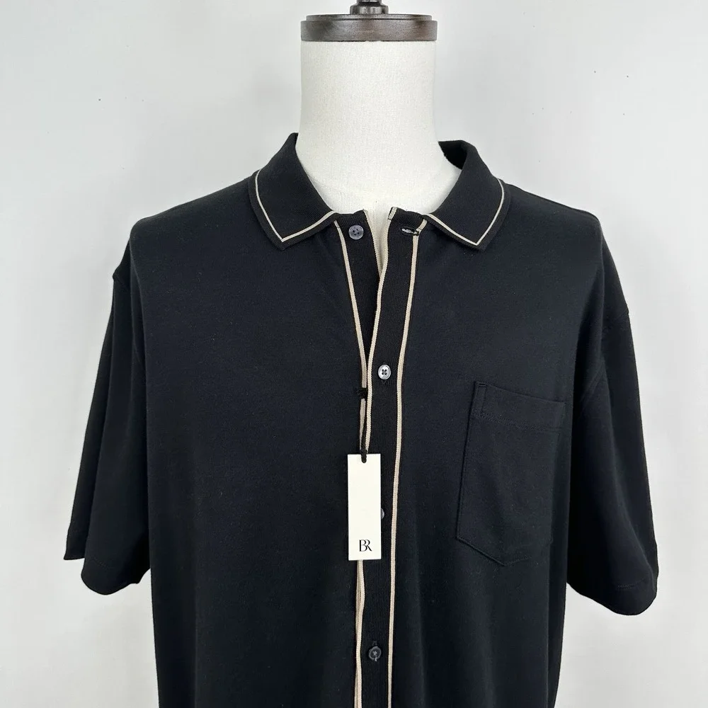 NWT Banana Republic Luxury Touch Shirt XXL TALL Black Tan Cotton‎ Polo Collar